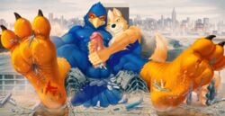 absurd_res aircraft airplane airport anthro avian balls beak bird blue_body canid canine city destruction duo erection falco_lombardi feet fox fox_mccloud genitals handjob hi_res macro male male/male male_only mammal nintendo penile penis sex sitting star_fox stomping thb886 video_games