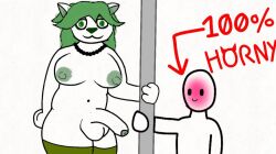 1boy 1futa 3_fingers :3 anthro belly_button big_breasts big_penis casual_exposure casual_nudity chubby_female collar dog_ears dog_girl embarrassed english_text flipaclip furry futanari green_eyes green_hair green_nipples horny kokohiko legwear messy_hair naked nude_futanari oc original original_character pole smooth_penis stockings taller_girl thick_thighs uncircumcised white_background white_fur