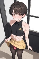 1boy ai_generated dark_hair femboy looking_at_viewer penis_bulge skirt_lift white_male white_skin