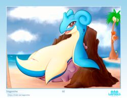 2020 absurd_res alolan_exeggutor beach blue_body digital_media_(artwork) female feral fin genitals hi_res horn kingler lapras lapras_paradise looking_at_viewer lying nintendo on_back outside page_2 pokémon_(species) pokemon presenting presenting_pussy pussy regional_form_(pokémon) sand sea seaside seductive shell smile solo spreading url vagoncho video_games water