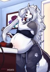 bulge faizenek femboy helluva_boss long_hair loona_(helluva_boss) love_handles male_pregnancy mpreg outie_navel pregnant pregnant_belly pregnant_male ready_to_pop sports_bra sweatpants the_dogsmith thick_thighs third-party_edit wide_hips