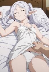 1girls ai_generated bed bedroom elf elf_ears elf_female elf_girl faceless_male female fossillight frieren large_ears large_legs long_hair on_bed pajama_shirt petite petite_body petite_female pov sleeping sousou_no_frieren tiny_breasts underwear voyeur white_hair