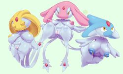 2_tails 3_fingers 3girls amber_eyes areolae azelf belly belly_fat big_breasts blue_nipples breasts breasts_apart bunihud closed_eyes erect_nipples eyes_closed female female_only genitals gluteal_fold green_background grey_body grey_skin half-closed_eyes hips inverted_nipples legendary_pokemon looking_at_viewer mesprit multi_tail multiple_tails navel nintendo nipple_piercing nipples no_humans pink_nipples pokémon_(species) pokemon pokemon_(species) pokemon_dppt pussy pussy_lips sadflowerhappy sagging_breasts seductive_smile shortstack simple_background smile stomach tail thick_thighs thighs uxie video_games wide_hips yellow_eyes yellow_nipples