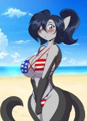 1girls 4th_of_july american_flag_bikini anthro beach bikini black_hair blue_eyes blush breasts chrissy_mccloud cleavage feline female furry grey_fur huge_breasts looking_at_viewer mastergodai rascals solo swimsuit thick_thighs wide_hips