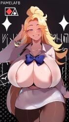 1girls ai_art ai_generated areola_slip artstyle_imitation blonde_hair blue_eyes blush breasts erect_nipples grin huge_breasts long_hair nai_diffusion nipples novelai pamelafb self_upload thiccwithaq_(ai_style) thick_thighs wide_hips