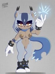 anthro big_ears champchidi clothing fan_character felid feline female gloves glowing glowing_eyes handwear hi_res lynx magic mammal meatboom mostly_nude nude scarf scarf_only sega smile snap_the_lynx solo sonic_(series) sonic_the_hedgehog_(series) wide_hips