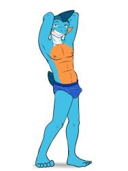 2024 3:4 5_toes anthro biped blue_body blue_clothing blue_eyes blue_feet blue_skin blue_underwear bulge clothed clothing feet fin front_view fuze gao_(fuze) generation_3_pokemon grin hands_behind_head head_fin hi_res male male_only marshtomp navel nintendo orange_body orange_skin pinup plantigrade pokemon pokemon_(species) pokemorph pose simple_background smile solo standing tail tail_fin teeth toes underwear underwear_only white_background