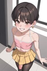 ai_generated dark_hair femboy looking_at_viewer skirt solo_male visible_penis white_male