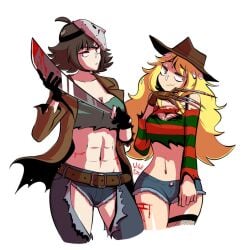 :3 abs bare_shoulders belt bishoujo_terror blonde_hair blood bra bra_strap bra_straps bra_visible_through_clothes brown_hair cleavage cleavage_cutout crop_top cuts fishnet_legwear fishnet_stockings fishnet_thighhighs fishnets freddy_krueger hat jacket jason_voorhees jean_shorts jeans long_hair machete mask midriff muscular muscular_female shorts shoulders smirk stockings thigh_highs thighhighs thighs