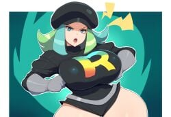 ai_generated green_hair hands_on_hips huge_breasts mullon novelai pokemon pokemon_sm solo team_rainbow_rocket team_rainbow_rocket_grunt_(female) wide_hips