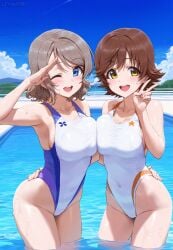 ai_generated ass blue_eyes breasts brown_hair competition_swimsuit honda_mio idolmaster large_breasts legs love_live! love_live!_sunshine!! multiple_girls one-piece_swimsuit short_hair swimsuit the_idolm@ster thighs watanabe_you yellow_eyes