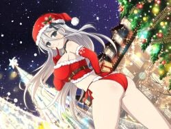 ass bare_belly bare_legs bare_shoulders bare_thighs belt big_penis bikini blush body_blush breasts butt_crack christmas_hat cleavage closed_mouth elbow_gloves fur-trimmed_bikini fur-trimmed_gloves fur-trimmed_headwear fur_trim gekko_(senran_kagura) gloves grey_eyes grey_hair groin long_hair marvelous night official_art outdoors pom_pom_(clothes) red_bikini red_gloves ribbon santa_bikini santa_costume senran_kagura senran_kagura_new_link shiny_skin side-tie_bikini_bottom smile thighs yaegashi_nan