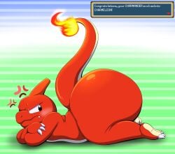 2024 absurd_res angry anthro ass balls barely_visible_balls barely_visible_genitalia big_butt blush charmeleon claws cross-popping_vein crossed_arms evolution_(transformation) female female_focus female_only fire flaming_tail gameplay_mechanics generation_1_pokemon genitals hi_res looking_back lying nintendo on_front pokemon pokemon_(species) solo tail tail_flame tepigfan101 thick_thighs transformation