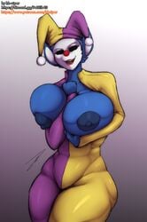 artist_signature ass big_breasts blue_fur breasts clown_nose empty_eyes fan_character female hb-viper holding_breast huge_breasts jester jester_cap large_breasts lipstick open_smile puffy_nipples simple_background slendytubbies solo teletubbies teletubby thick_thighs voluptuous white_skin