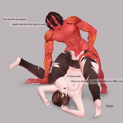 1boy 1girls adam_merdox_(draco_gatom) claws clothed_female_nude_male cum cum_in_pussy cum_inside demon demon_horns dracogatom_oc dwynci heart-shaped_pupils mumyo_(nioh) nioh nioh_2 piledriver_position pinned_down red_eyes red_skin text tongue_out torn_clothes vaginal_penetration