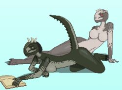 2girls anthro argonian breasts female horn invisiblebucket multiple_girls non-mammal_breasts pixel_art scale_pattern scales shahvee skyrim the_elder_scrolls