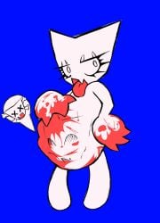 ambiguous_prey belly_bulge big_belly blood blood_on_hand bones_in_belly bones_in_stomach cat_ears death digestion fatal_vore female female_pred femtanyl furry huge_belly music_(culture) open_mouth skull token_(femtanyl) vore vore_belly white_body white_fur