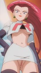 1girls ai_generated autismmix_pony(model) blue_eyes butt_from_the_front cleft_of_venus covered_nipples from_below gloves hand_on_hip jessie_(pokemon) lipstick midriff navel nipple_bulge no_panties outdoors pokemon pussy red_hair skirt solo stable_diffusion team_rocket_uniform thighhighs underboob upskirt