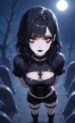 ai_generated black_hair black_metal boots cemetery choker cleavage collar corpse_paint crop_top cross earrings eyeliner facepaint fishnets from_above goth graveyard heavy_metal looking_up makeup mascara moon necklace night red_eyes shorts tombstone