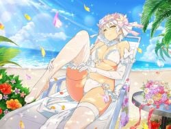 bare_belly bare_shoulders beach beach_chair blush bra breasts bride cleavage closed_mouth elbow_gloves feet flower_crown gloves hair_ribbon knee_up lingerie marvelous miyabi_(senran_kagura) official_art on_chair outdoors panties senran_kagura senran_kagura_new_link short_hair sitting smile thigh_strap thighhighs thighs toes underboob underwear water wedding_lingerie white_bra white_gloves white_hair white_panties white_thighhighs yaegashi_nan yellow_eyes zettai_ryouiki