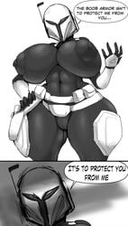 1girls abs areolae armor belt bodysuit breastplate breasts busty cameltoe comic curvaceous curvy dialogue english_text erect_nipples female female_focus female_only gigantic_thighs helmet holster hourglass_figure huge_breasts huge_thighs hyper hyper_breasts mandalorian meme monochrome navel nipple_bulge nipples_visible_through_clothing original_character pinup pinup_pose pose posing skin_tight solo solo_female speech_bubble standing star_wars sweat tagme text the_mandalorian thecon thick_thighs thigh_holster thighlet toned toned_female voluptuous wide_hips