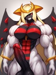 1futa ai_generated biceps black_penis blonde_hair colored_skin cowboy_shot futanari giratina giratina_(altered_form) glowing_red_eyes golden_horns grin huge_biceps huge_cock long_hair lusamine_(pokemon) monster_girl monsterification muscular muscular_futanari no_nipples nude platinum_blonde_hair pokemon pokemon_diamond_pearl_&_platinum pokemon_dppt pokemon_sm pokemon_sun_&_moon red_eyes red_penis sharp_teeth solo spikes sumezawa teeth_showing veiny_muscles white_body white_skin wings