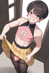 1boy ai_generated dark_hair femboy looking_at_viewer penis_bulge skirt_lift white_male white_skin