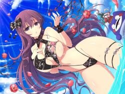 ass_visible_through_thighs bare_arms bare_belly bare_legs bare_shoulders bare_thighs belly_button bikini black_bikini black_slingshot_bikini blush body_blush breasts cleavage cleavage_cutout clothing_cutout female female_only hair_ribbon hand_on_own_chest huge_breasts innertube long_hair marvelous murasaki_(senran_kagura) ocean official_art open_mouth outdoors partially_submerged purple_eyes purple_hair revealing_clothes senran_kagura senran_kagura_new_link shiny_skin sideboob skimpy_clothes slingshot_swimsuit standing swim_ring thick_thighs thigh_strap thighs underboob water wet_body wet_hair wrist_cuffs yaegashi_nan