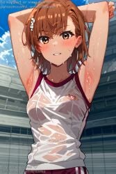 _yumidreams a_certain_scientific_railgun ai_generated armpit_fetish armpits arms_up ascii_media_works blushing brown_eyes brown_hair fanart gym_uniform j.c._staff medium_breasts misaka_mikoto short_hair smile sweat sweatdrop sweaty sweaty_body toaru_kagaku_no_railgun toaru_majutsu_no_index transparent_clothing