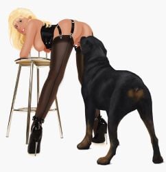 bent_over bestiality blonde_hair corset cringer990 cunnilingus_from_canine dominant_feral feverdreams from_behind garter_belt high_heels interspecies_sex naughty_face ready_to_fuck simple_background thigh_high_stockings willing_female zoophilia