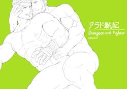 2boys abs anal bandaged_arm bandages bara beard character_request completely_nude dungeon_and_fighter dungeon_fighter_online eye_contact facial_hair feet_out_of_frame green_theme hand_on_another's_face hand_on_another's_waist large_pectorals looking_at_another lying male_focus male_only male_priest_(dungeon_and_fighter) mature_male monochrome multiple_boys muscular muscular_male navel nipples nude on_side pectorals priest_(dungeon_and_fighter) sex short_hair smile stomach thick_thighs thighs xiawenjie_(jason_ou_1990) yaoi