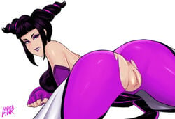 1girls anus artist_name ass back_view bangs belt big_ass biting_lip blunt_bangs breasts capcom clitoris crotch_cutout dark_hair detached_sleeves drill_hair english_text eyelashes eyeshadow female female_only fingerless_gloves gloves hairless_pussy hidrapink highres human juri_han large_breasts leggings lipstick looking_at_viewer looking_back nail_polish no_panties pink_eyes plump_labia presenting_pussy purple_eyeshadow purple_hair purple_lipstick purple_nails pussy sideboob sidelocks signature simple_background smile smirk solo street_fighter street_fighter_iv text thick_thighs torn_clothes twin_drills white_background