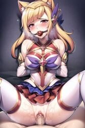 ai_generated arms_behind_back ball_gag blonde_hair boob_window clothed clothed_female_nude_male clothed_sex crying crying_with_eyes_open fox_ears gag medium_breasts no_panties nose_blush pussy_juice rape skirt star_guardian_ahri thighhighs thighs vaginal_penetration