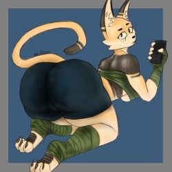 anthro ass bandage big_butt bodily_fluids butt_focus clothed clothing electronics felid feline female hi_res holding_object huge_butt looking_at_viewer looking_back mammal mrf0zzy paws phone serval solo solo_focus sweat sweaty_butt thick_thighs wide_hips