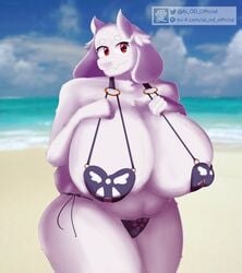 absurd_res ai_od anthro beach big_breasts bikini boss_monster bovid breasts caprine clothing delta_rune_(emblem) female fur hi_res horn huge_breasts looking_at_viewer mammal nipple_outline overweight overweight_anthro overweight_female red_eyes seaside smiling_at_viewer solo swimwear symbol thick_thighs toriel undertale video_games white_body white_fur white_horn