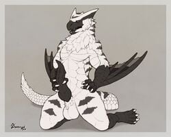 2020 absurd_res anthro arashiin black_penis capcom deormynd digital_media_(artwork) fingers flying_wyvern genitals hi_res kneeling male male_only monster_hunter nargacuga open_mouth penis scalie solo teeth toes tongue video_games