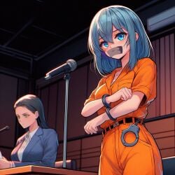 2girls ai_generated blue_eyes blue_hair blush bondage bound_wrists courtroom gag gagged lawyer looking_at_viewer prison_uniform tape_gag