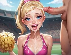 1girl 1girl1boy 1girls ai_generated blonde_female blonde_hair blonde_hair_female blue_eyes cheerleader cheerleader_outfit cheerleader_uniform clothed_female_nude_male cum cum_on_clothes female_focus pom_poms ponytail public public_humiliation public_sex public_use stadium stadium_background wreckedai yodayo