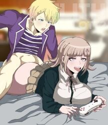 1boy 1boy1girl 1girls anal anal_sex ass big_breasts blonde_hair blue_eyes breasts clothed clothed_female clothed_male clothed_sex danganronpa danganronpa_2:_goodbye_despair enjoying fucked_from_behind game_controller implied_anal light-skinned_female light-skinned_male light_skin lilithcharlott2 miniskirt nanami_chiaki no_panties original_character pink_eyes sex shorts showing_ass showing_teeth skirt teeth tongue tongue_out