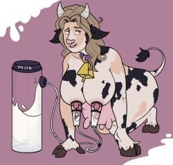 animal_humanoid anthro areola ass big_areola big_breasts big_butt bodily_fluids bovid bovid_humanoid bovine bovine_humanoid breast_milking breasts breasts_and_teats brown_hair cattle cattle_humanoid curled_hair digital_media_(artwork) erect_nipples erection female fur hair hi_res hooves horn humanoid kiri-anko lactating machine male_focus mammal mammal_humanoid mid_transformation milk milking_machine nipples nude projectile_lactation simple_background smile solo species_transformation tail teats transformation udders white_body white_fur wide_hips