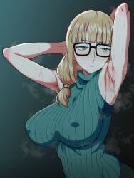 1girls artist_request big_breasts blonde_hair female glasses green_eyes nintendo oleana_(pokemon) pokemon pokemon_ss sweat sweating sweaty sweaty_body tagme