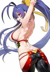 ai_generated antenna_hair ass bare_shoulders blazblue:_central_fiction blue_hair blush breasts female fingerless_gloves from_behind gloves hair_ribbon hairbow large_breasts long_hair looking_at_viewer looking_back mai_natsume open_mouth pants ponytail purple_eyes shiny shiny_clothes shiny_hair shiny_skin sideboob smile solo very_long_hair