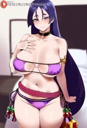 ai_generated bikini breasts_apart fate/grand_order fate_(series) hand_on_own_chest large_ass large_breasts long_hair looking_at_viewer mature_female milf minamoto_no_raikou_(fate/grand_order) mommy primosan purple_eyes purple_hair revealing_clothes smile standing swimsuit thick_thighs