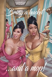 2girls actress big_breasts black_hair breasts brown_body brown_skin bust busty cardi_b celebrity clothing dancing dark-skinned_female dark_skin digital_art digital_artwork_(media) duo english english_text eyeshadow fake_real fakereal fakes female female_only huge_breasts large_breasts lipstick lower_body makeup megan_thee_stallion multiple_girls outfit photorealism photorealistic popeye_wong rapper real_life real_person realistic singer squatting text twerking upper_body wap