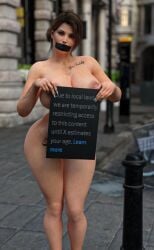 3d 3d_(artwork) big_ass big_breasts breasts breasts_out brown_hair censor_bar censored female female_focus female_only high_heels large_ass large_breasts mature mature_female metal_01 milf mommy original_character public public_nudity sad standing street tape tape_bondage taped_mouth tattoo tattoo_on_chest tattoo_on_legs tattoos twitter