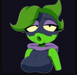 big_breasts green_shadow_(pvz) green_skin leaf peashooter_(pvz) plant plant_girl plants_vs_zombies plants_vs_zombies:_heroes purple_hoodie purple_mask r_bismut rbismut