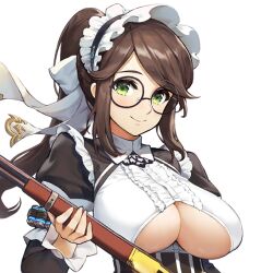 big_breasts brown_hair color constantia_s2 constantia_s2_(last_origin) eyebrows_visible_through_hair female female_focus female_only game_cg glasses green_eyes gun high_collar kakiman last_origin long_hair looking_at_viewer maid maid_headdress maid_uniform ponytail rifle round_glasses smile smiling smiling_at_viewer transparent_background underboob underboob_cutout upper_body