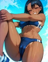 abs ai_generated cameltoe dark_skin female fit fit_female grabbing_own_leg grin hayase_nagatoro medium_breasts please_don't_bully_me,_nagatoro skindentation skintight solo sportswear standing_on_one_leg tanline