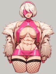 1girl abs ai_generated areola_peek areola_slip areolae_peeking areolae_slip blindfold breast_curtains breasts coat covered_eyes facing_viewer female fishnet_stockings fishnets fur_jacket high_leg_thong highleg_thong lips microskirt navel nier:_automata painted_nails parted_lips pink_blindfold pink_clothes pink_hairband pink_nails revealing_clothes revealing_outfit short_hair skirt slutty_clothing slutty_outfit solo stockings sumezawa thong_straps toned toned_female white_hair yorha_2b