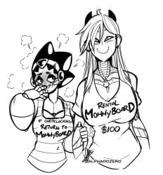 2girls alpha00zero android android_girl big_ass big_breasts fanart female female_only greyscale gynoid huge_ass huge_breasts iria_(minkye) monochrome original_character robot robot_girl smug smug_face thick_thighs voluptuous wide_hips